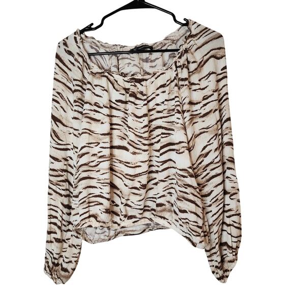 Animal Striped Print Top Womens Size Large Brown & White Blouse Unique Pattern - Picture 1 of 9